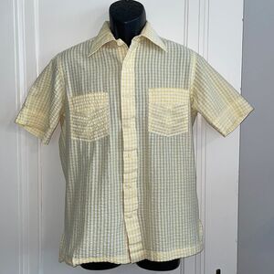 Vtg 80s Damon yellow/white cotton/polyester‎ madras cloth short sleeve shirt